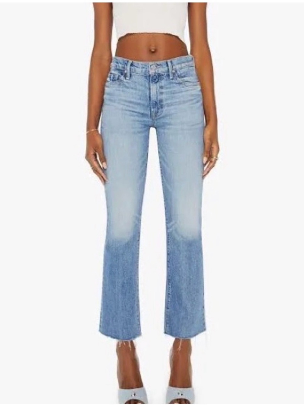 MOTHER Light Blue Frayed Hem Flare Jeans